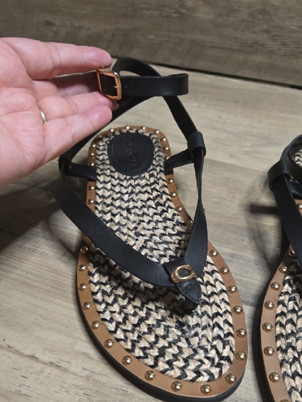 Coach Black Leather Ankle-Strap Studded Sandals - Picture 3 of 4